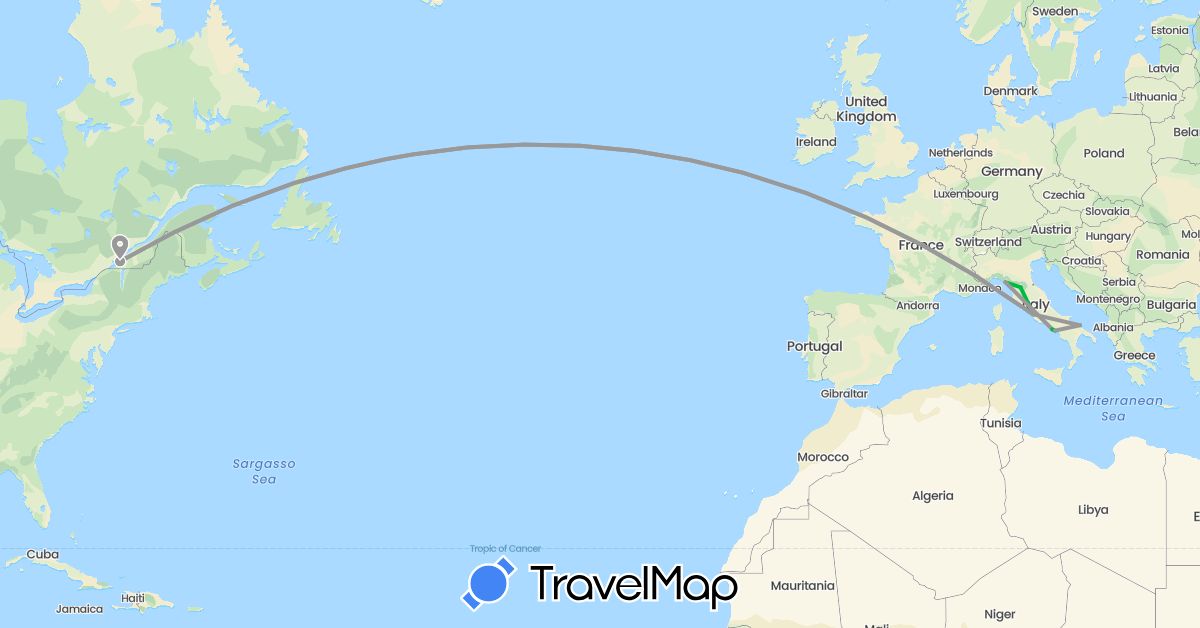 TravelMap itinerary: driving, bus, plane in Canada, Italy (Europe, North America)
