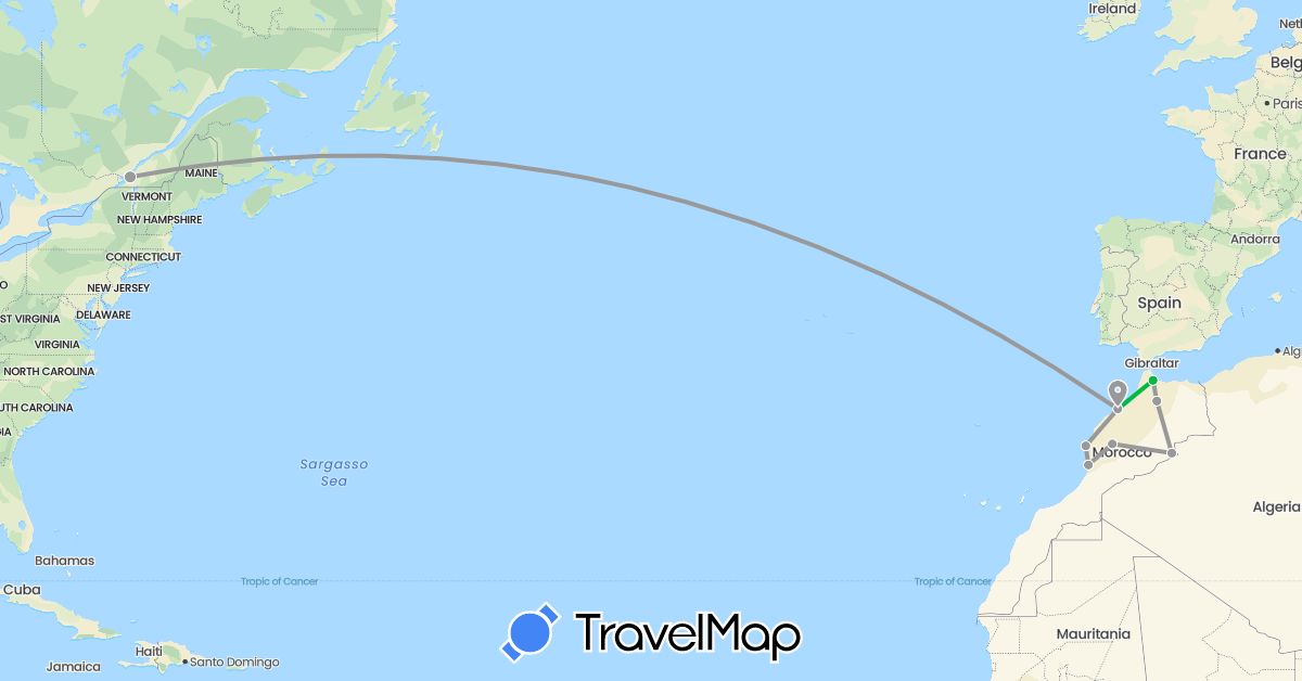 TravelMap itinerary: driving, bus, plane in Canada, Morocco (Africa, North America)